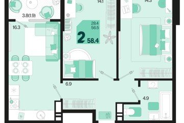 Фото №1: 2-комнатная квартира 60 м², 18/18 эт. - Краснодар, мкр. ЖК Первое Место, ул. Виктора Казанцева, 1.3лит2
