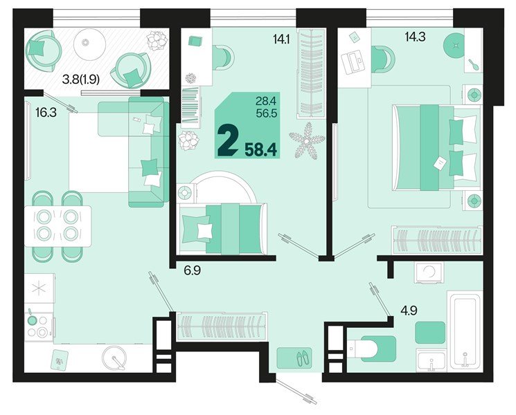 Фото №1: 2-комнатная квартира 60&nbsp;м², 18/18&nbsp;эт. - Краснодар, Карасунский внутригородской округ, мкр. ЖК Первое Место, ул. Виктора Казанцева, 1.3лит2