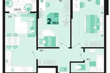 Фото №1: 2-комнатная квартира 61 м², 2/18 эт. - Краснодар, мкр. ЖК Первое Место, ул. Виктора Казанцева, 1.3лит2