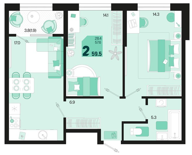 Фото №1: 2-комнатная квартира 61&nbsp;м², 2/18&nbsp;эт. - Краснодар, Карасунский внутригородской округ, мкр. ЖК Первое Место, ул. Виктора Казанцева, 1.3лит2