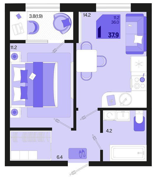 Фото №1: 1-комнатная квартира 39&nbsp;м², 2/18&nbsp;эт. - Краснодар, Карасунский внутригородской округ, мкр. ЖК Первое Место, ул. Виктора Казанцева, 1.3лит2