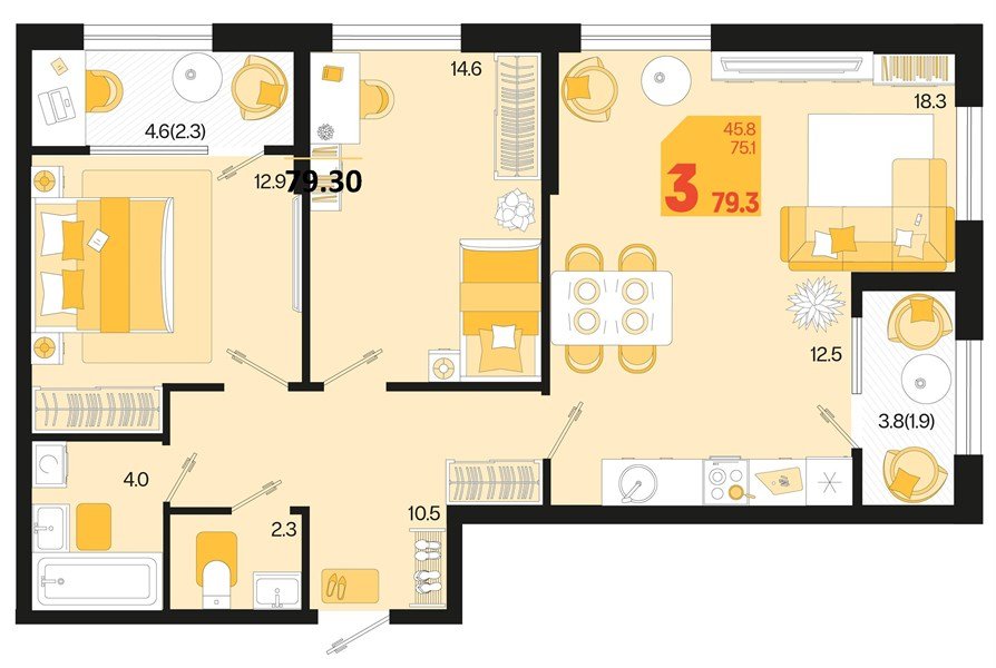Фото №1: 2-комнатная квартира 83&nbsp;м², 2/18&nbsp;эт. - Краснодар, Карасунский внутригородской округ, мкр. ЖК Первое Место