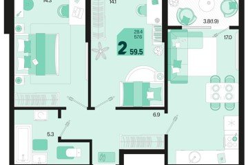 Фото №1: 2-комнатная квартира 61 м², 2/18 эт. - Краснодар, мкр. ЖК Первое Место,