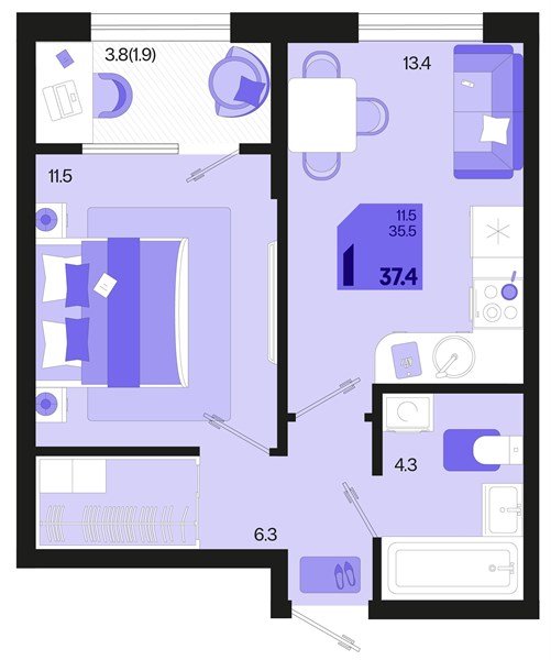 Фото №1: 1-комнатная квартира 39&nbsp;м², 2/18&nbsp;эт. - Краснодар, Карасунский внутригородской округ, мкр. ЖК Первое Место
