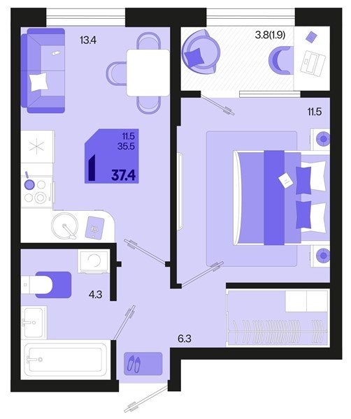 Фото №1: 1-комнатная квартира 39&nbsp;м², 2/18&nbsp;эт. - Краснодар, Карасунский внутригородской округ, мкр. ЖК Первое Место