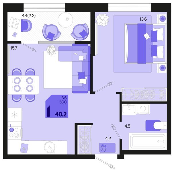 Фото №1: 1-комнатная квартира 42&nbsp;м², 2/18&nbsp;эт. - Краснодар, Карасунский внутригородской округ, мкр. ЖК Первое Место