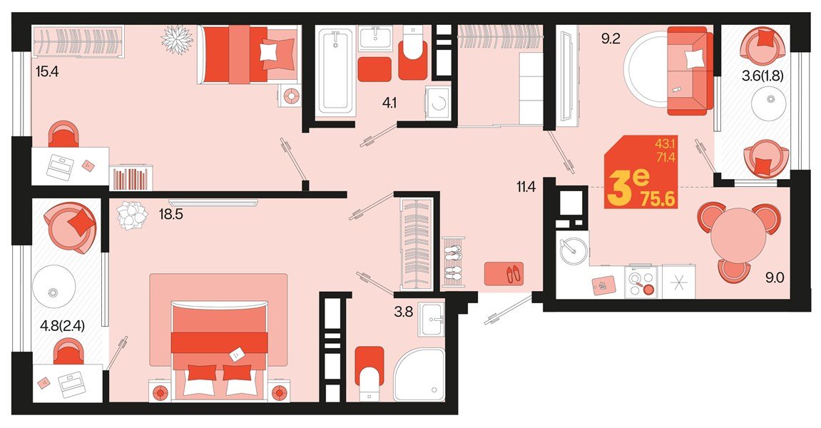 Фото №1: 2-комнатная квартира 79&nbsp;м², 9/18&nbsp;эт. - Краснодар, Карасунский внутригородской округ, мкр. ЖК Первое Место