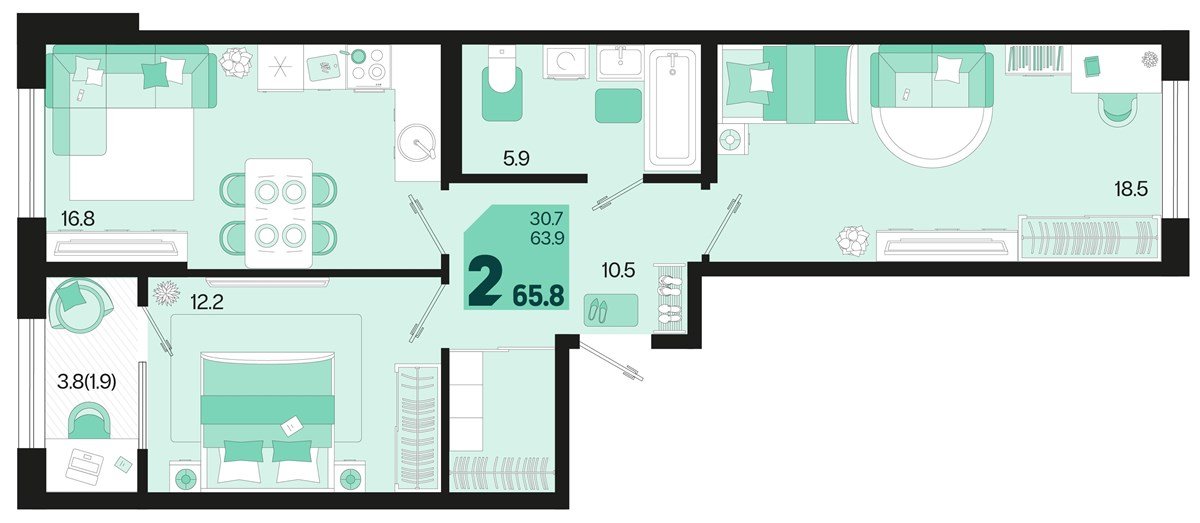 Фото №1: 2-комнатная квартира 67&nbsp;м², 2/18&nbsp;эт. - Краснодар, Карасунский внутригородской округ, мкр. ЖК Первое Место