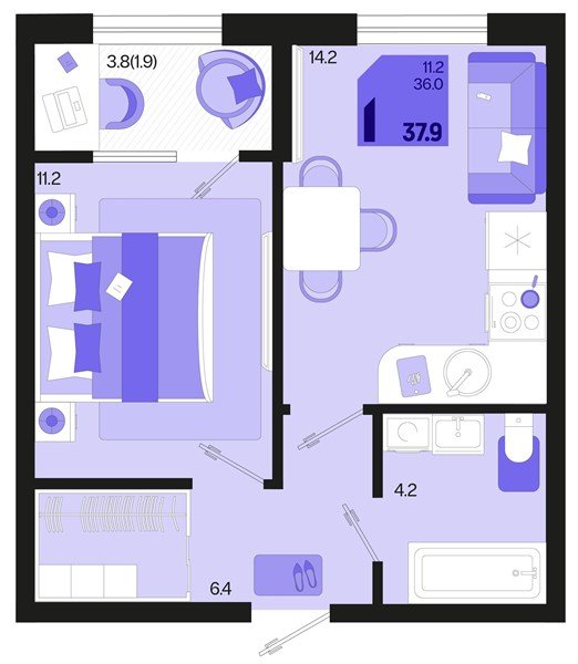 Фото №1: 1-комнатная квартира 39&nbsp;м², 2/18&nbsp;эт. - Краснодар, Карасунский внутригородской округ, мкр. ЖК Первое Место