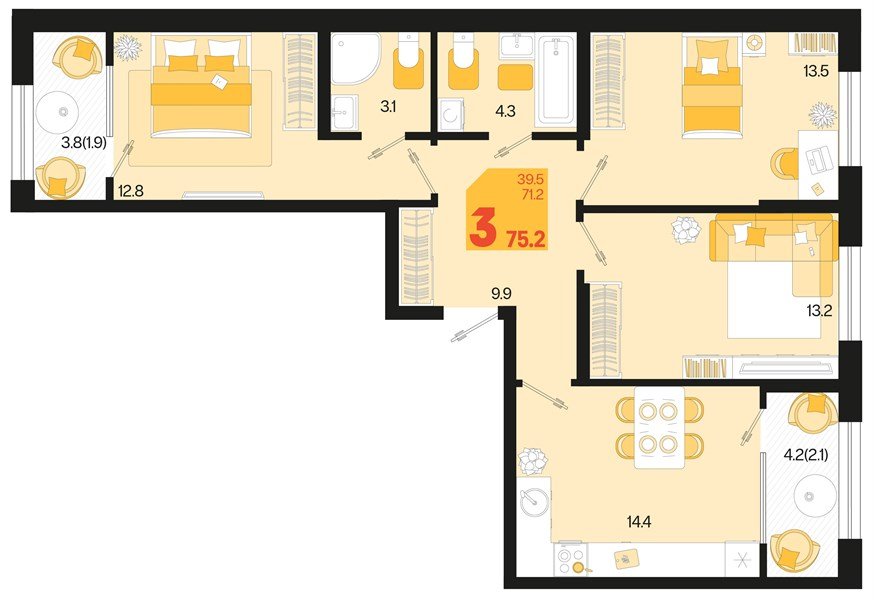 Фото №1: 3-комнатная квартира 79&nbsp;м², 2/18&nbsp;эт. - Краснодар, Карасунский внутригородской округ, мкр. ЖК Первое Место