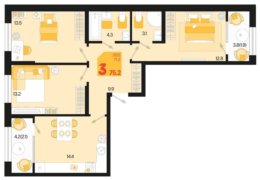 Фото №1: 3-комнатная квартира 79&nbsp;м², 2/18&nbsp;эт. - Краснодар, Карасунский внутригородской округ, мкр. ЖК Первое Место