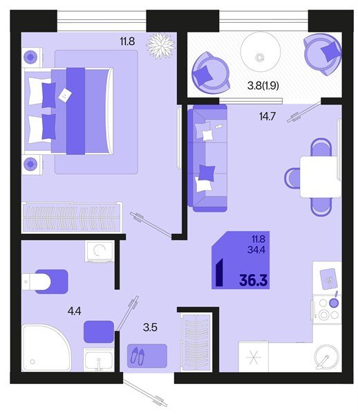 Фото №1: 1-комнатная квартира 38&nbsp;м², 2/18&nbsp;эт. - Краснодар, Карасунский внутригородской округ, мкр. ЖК Первое Место