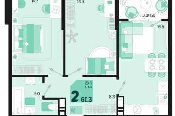 Фото №1: 2-комнатная квартира 62 м², 18/18 эт. - Краснодар, мкр. ЖК Первое Место,