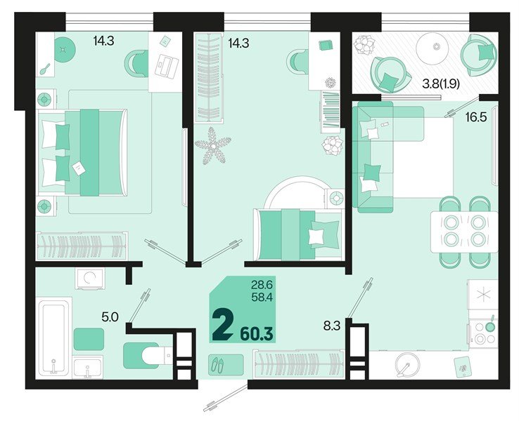 Фото №1: 2-комнатная квартира 62&nbsp;м², 18/18&nbsp;эт. - Краснодар, Карасунский внутригородской округ, мкр. ЖК Первое Место