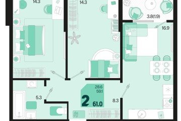 Фото №1: 2-комнатная квартира 62 м², 2/18 эт. - Краснодар, мкр. ЖК Первое Место,