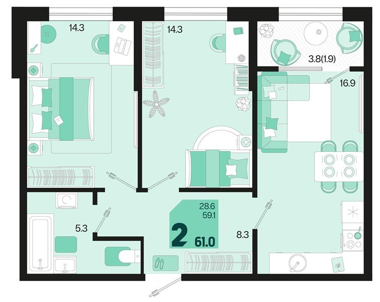 Фото №1: 2-комнатная квартира 62&nbsp;м², 2/18&nbsp;эт. - Краснодар, Карасунский внутригородской округ, мкр. ЖК Первое Место