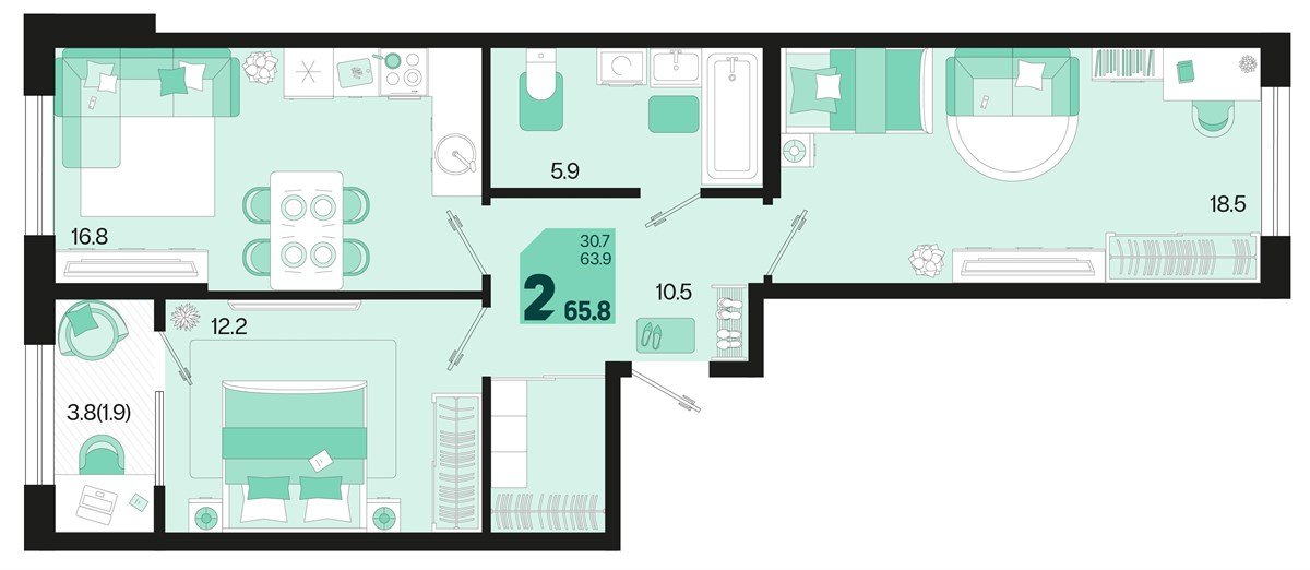 Фото №1: 2-комнатная квартира 67&nbsp;м², 2/18&nbsp;эт. - Краснодар, Карасунский внутригородской округ, мкр. ЖК Первое Место