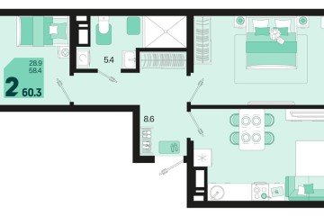 Фото №1: 2-комнатная квартира 62 м², 9/18 эт. - Краснодар, мкр. ЖК Первое Место,