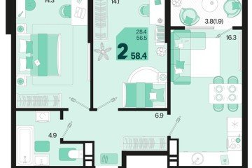 Фото №1: 2-комнатная квартира 60 м², 18/18 эт. - Краснодар, мкр. ЖК Первое Место,