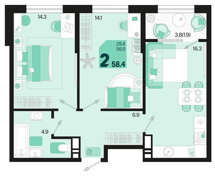 Фото №1: 2-комнатная квартира 60&nbsp;м², 18/18&nbsp;эт. - Краснодар, Карасунский внутригородской округ, мкр. ЖК Первое Место