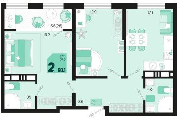 Фото №1: 2-комнатная квартира 62 м², 18/18 эт. - Краснодар, мкр. ЖК Первое Место,