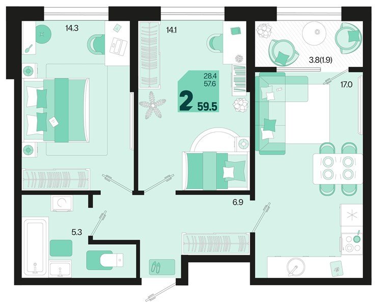 Фото №1: 2-комнатная квартира 61&nbsp;м², 2/18&nbsp;эт. - Краснодар, Карасунский внутригородской округ, мкр. ЖК Первое Место