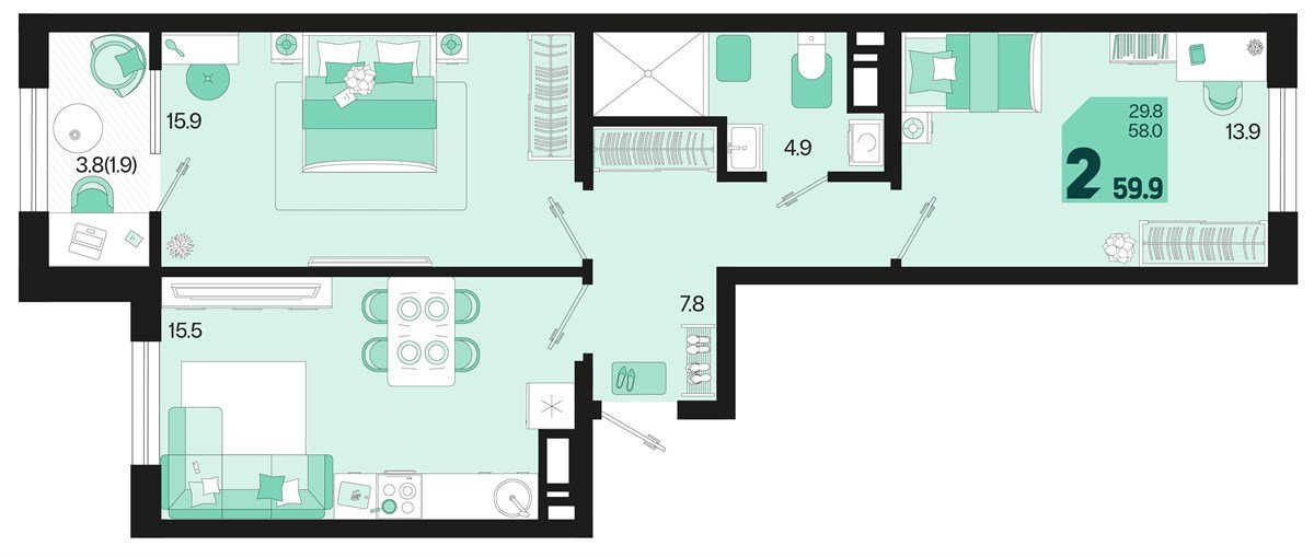 Фото №1: 2-комнатная квартира 61&nbsp;м², 9/18&nbsp;эт. - Краснодар, Карасунский внутригородской округ, мкр. ЖК Первое Место