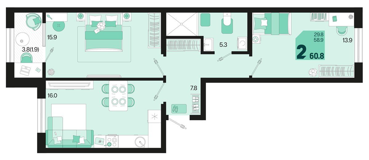 Фото №1: 2-комнатная квартира 62&nbsp;м², 2/18&nbsp;эт. - Краснодар, Карасунский внутригородской округ, мкр. ЖК Первое Место