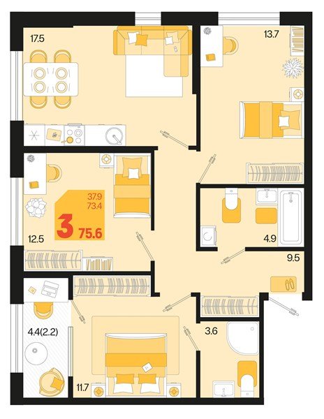 Фото №1: 3-комнатная квартира 77&nbsp;м², 2/18&nbsp;эт. - Краснодар, Карасунский внутригородской округ, мкр. ЖК Первое Место