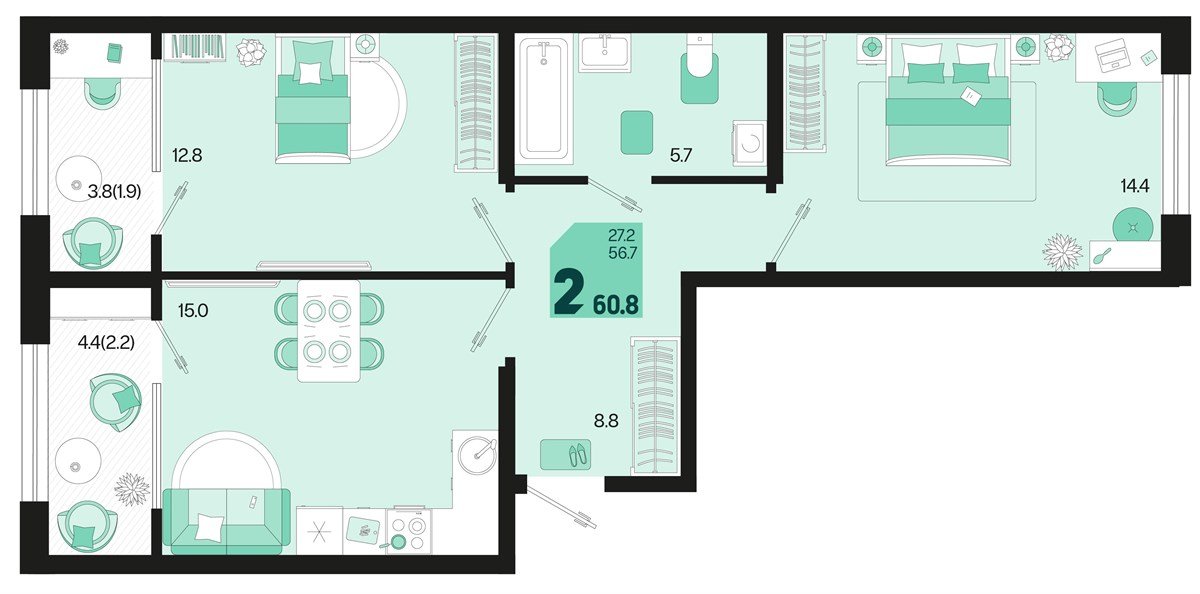 Фото №1: 2-комнатная квартира 64&nbsp;м², 2/18&nbsp;эт. - Краснодар, Карасунский внутригородской округ, мкр. ЖК Первое Место