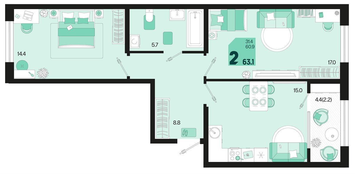 Фото №1: 2-комнатная квартира 65&nbsp;м², 2/18&nbsp;эт. - Краснодар, Карасунский внутригородской округ, мкр. ЖК Первое Место