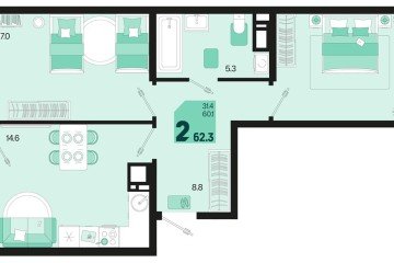 Фото №1: 2-комнатная квартира 64 м², 9/18 эт. - Краснодар, мкр. ЖК Первое Место,