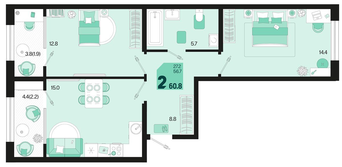 Фото №1: 2-комнатная квартира 64&nbsp;м², 2/18&nbsp;эт. - Краснодар, Карасунский внутригородской округ, мкр. ЖК Первое Место