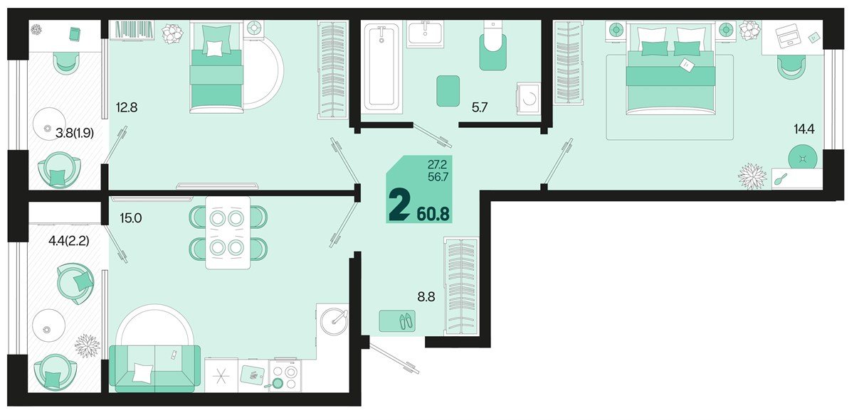 Фото №1: 2-комнатная квартира 64&nbsp;м², 2/18&nbsp;эт. - Краснодар, Карасунский внутригородской округ, мкр. ЖК Первое Место