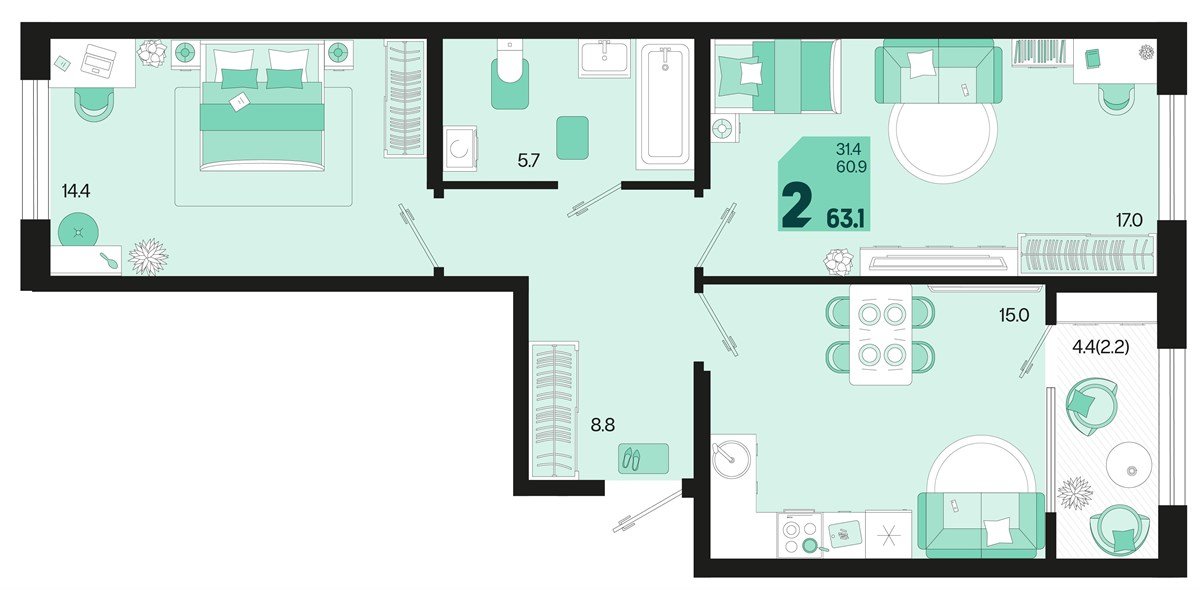 Фото №1: 2-комнатная квартира 65&nbsp;м², 2/18&nbsp;эт. - Краснодар, Карасунский внутригородской округ, мкр. ЖК Первое Место