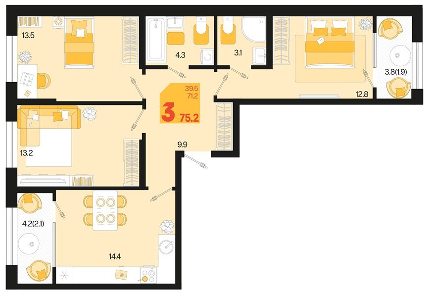 Фото №1: 3-комнатная квартира 79&nbsp;м², 2/18&nbsp;эт. - Краснодар, Карасунский внутригородской округ, мкр. ЖК Первое Место