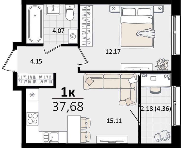 Фото №1: 1-комнатная квартира 39&nbsp;м², 14/16&nbsp;эт. - Краснодар, Карасунский внутригородской округ, Хлопчато-бумажный Комбинат, мкр. жилой квартал Патрики
