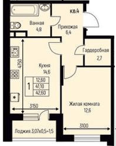 Фото №1: 1-комнатная квартира 42&nbsp;м², 1/3&nbsp;эт. - Берёзовый, Прикубанский внутригородской округ, Прогресс, жилой комплекс Прогресс, мкр. жилой комплекс Нова Вита, ул. имени А.Н. Лодыгина, 6к3