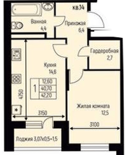 Фото №1: 1-комнатная квартира 42&nbsp;м², 3/3&nbsp;эт. - Берёзовый, Прикубанский внутригородской округ, Прогресс, жилой комплекс Прогресс, мкр. жилой комплекс Нова Вита, ул. имени А.Н. Лодыгина, 6к3
