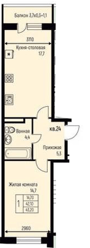Фото №1: 1-комнатная квартира 43&nbsp;м², 2/3&nbsp;эт. - Берёзовый, Прикубанский внутригородской округ, Прогресс, жилой комплекс Прогресс, мкр. жилой комплекс Нова Вита, ул. имени А.Н. Лодыгина, 6к3