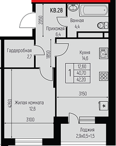 Фото №1: 1-комнатная квартира 42&nbsp;м², 3/3&nbsp;эт. - Берёзовый, Прикубанский внутригородской округ, Прогресс, жилой комплекс Прогресс, мкр. жилой комплекс Нова Вита, ул. имени А.Н. Лодыгина, 6к2/1