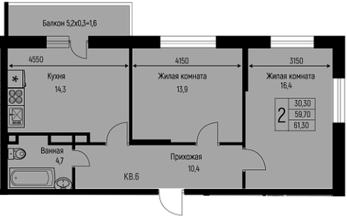 Фото №1: 2-комнатная квартира 61&nbsp;м², 2/3&nbsp;эт. - Берёзовый, Прикубанский внутригородской округ, Прогресс, жилой комплекс Прогресс, мкр. жилой комплекс Нова Вита, ул. имени А.Н. Лодыгина, 6лит7