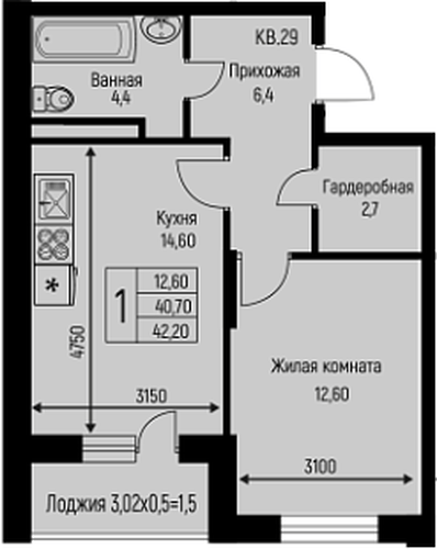Фото №1: 1-комнатная квартира 42&nbsp;м², 3/3&nbsp;эт. - Берёзовый, Прикубанский внутригородской округ, Прогресс, жилой комплекс Прогресс, мкр. жилой комплекс Нова Вита, ул. имени А.Н. Лодыгина, 6лит7
