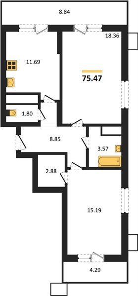 Фото №1: 2-комнатная квартира 75&nbsp;м², 13/18&nbsp;эт. - Знаменский, Карасунский внутригородской округ, мкр. Родные Просторы