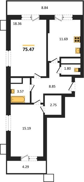 Фото №1: 2-комнатная квартира 75&nbsp;м², 12/18&nbsp;эт. - Знаменский, Карасунский внутригородской округ, мкр. Родные Просторы