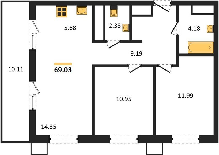 Фото №1: 2-комнатная квартира 69&nbsp;м², 17/18&nbsp;эт. - Знаменский, Карасунский внутригородской округ, мкр. Родные Просторы