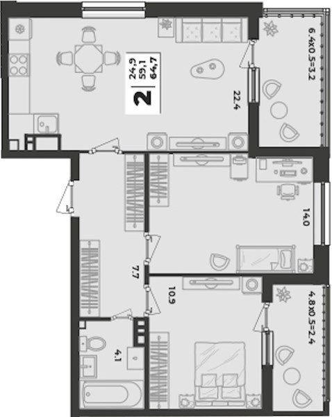Фото №1: 2-комнатная квартира 64&nbsp;м², 2/9&nbsp;эт. - Краснодар, Прикубанский внутригородской округ, мкр. жилой комплекс Зелёная Территория