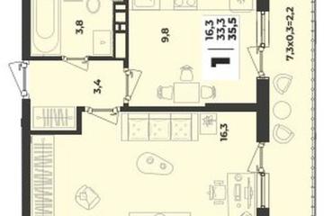 Фото №1: 1-комнатная квартира 35 м², 9/9 эт. - Краснодар, мкр. жилой комплекс Зелёная Территория,