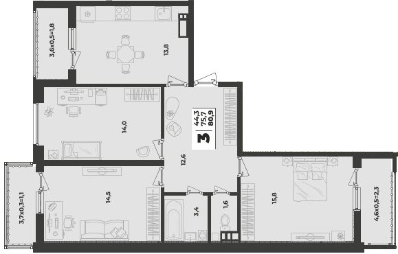 Фото №1: 3-комнатная квартира 80&nbsp;м², 2/9&nbsp;эт. - Краснодар, Прикубанский внутригородской округ, мкр. жилой комплекс Зелёная Территория