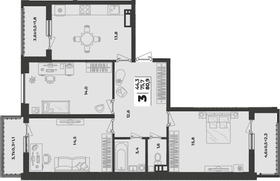 Фото №1: 3-комнатная квартира 80&nbsp;м², 8/9&nbsp;эт. - Краснодар, Прикубанский внутригородской округ, мкр. жилой комплекс Зелёная Территория